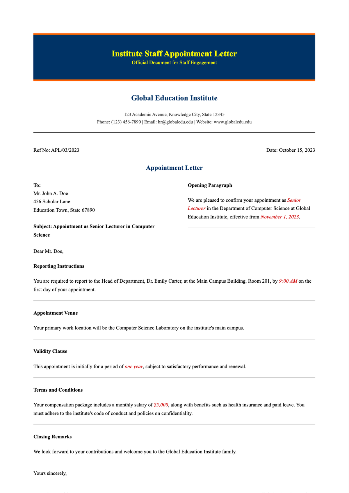Institute staff appointment letter sample for computer training instructor with editable fields and_variant_3